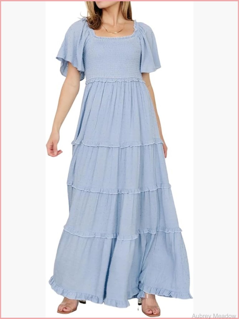 Women's Maxi Dress Short Sleeve Square Neck Smocked Swiss Dots A-Line Flowy